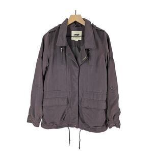 OBEY PROPAGANDA WOMEN’S GRAY MILITARY FULL-ZIP JACKET – SIZE L – DETACHABLE HOOD